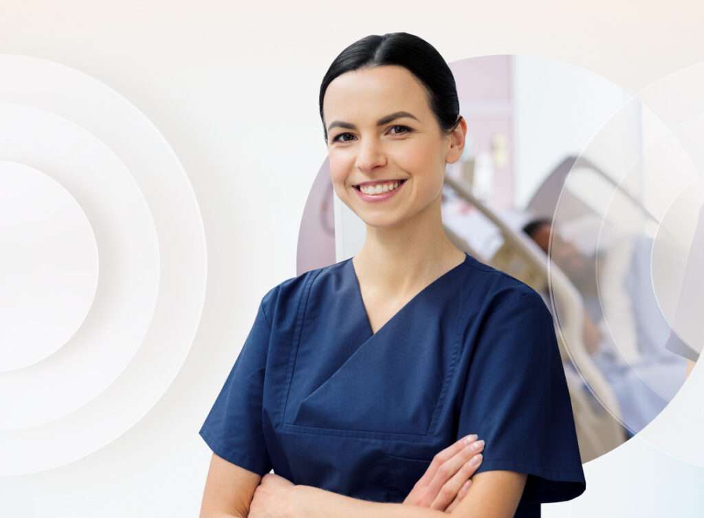 Nurse in blue scrubs