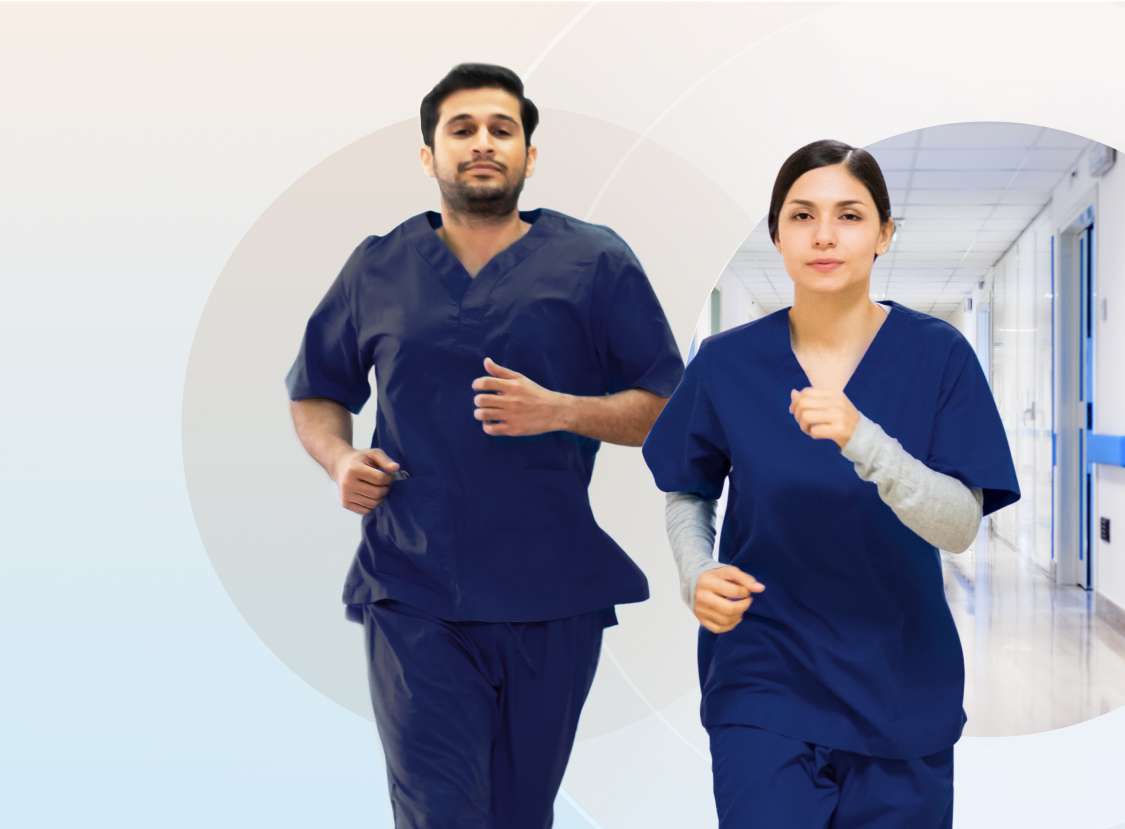 Nurses running in hospital corridor during clinical emergency event