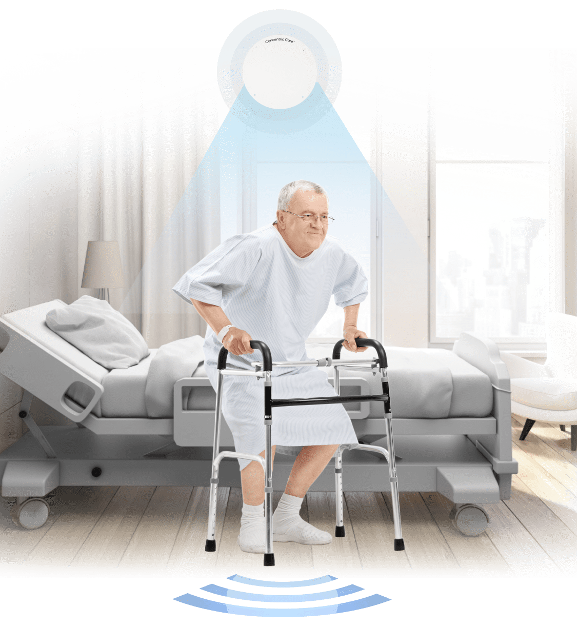 Elderly patient standing up from hospital bed with walker