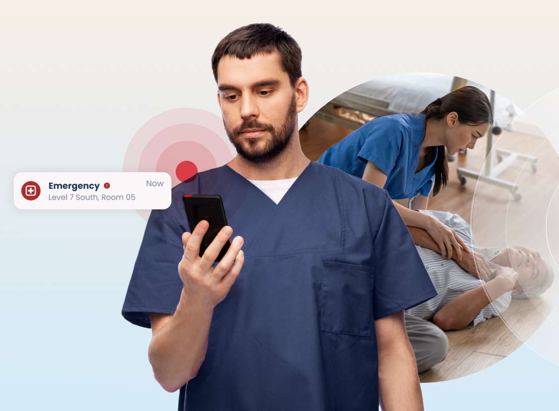 Nurse receiving emergency nurse call notification on clinical mobile device