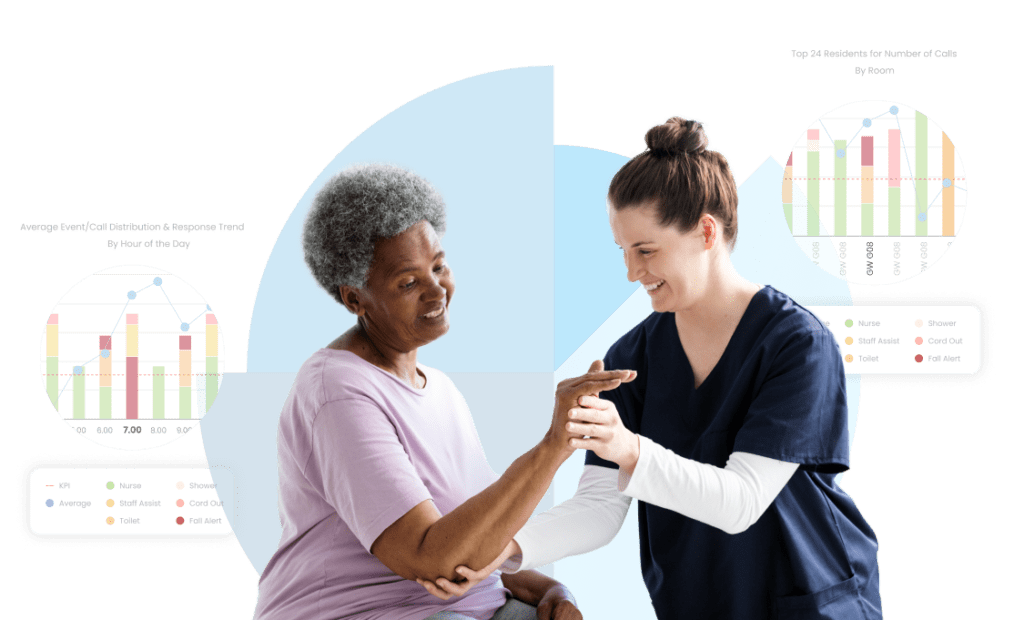 Nurse helping patient move her arm with hospital data insights in the background