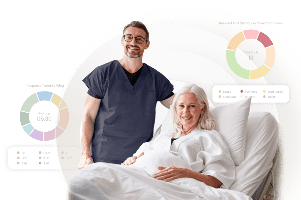 Nurse standing next to patient in bed with hospital data in the background